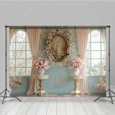Aperturee - Aperturee Pink Floral Vintage Portrait Blue Window Backdrop